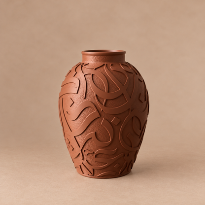 Round Arabic calligraphy vase in Umber matte finish, raised lettering on a textured surface