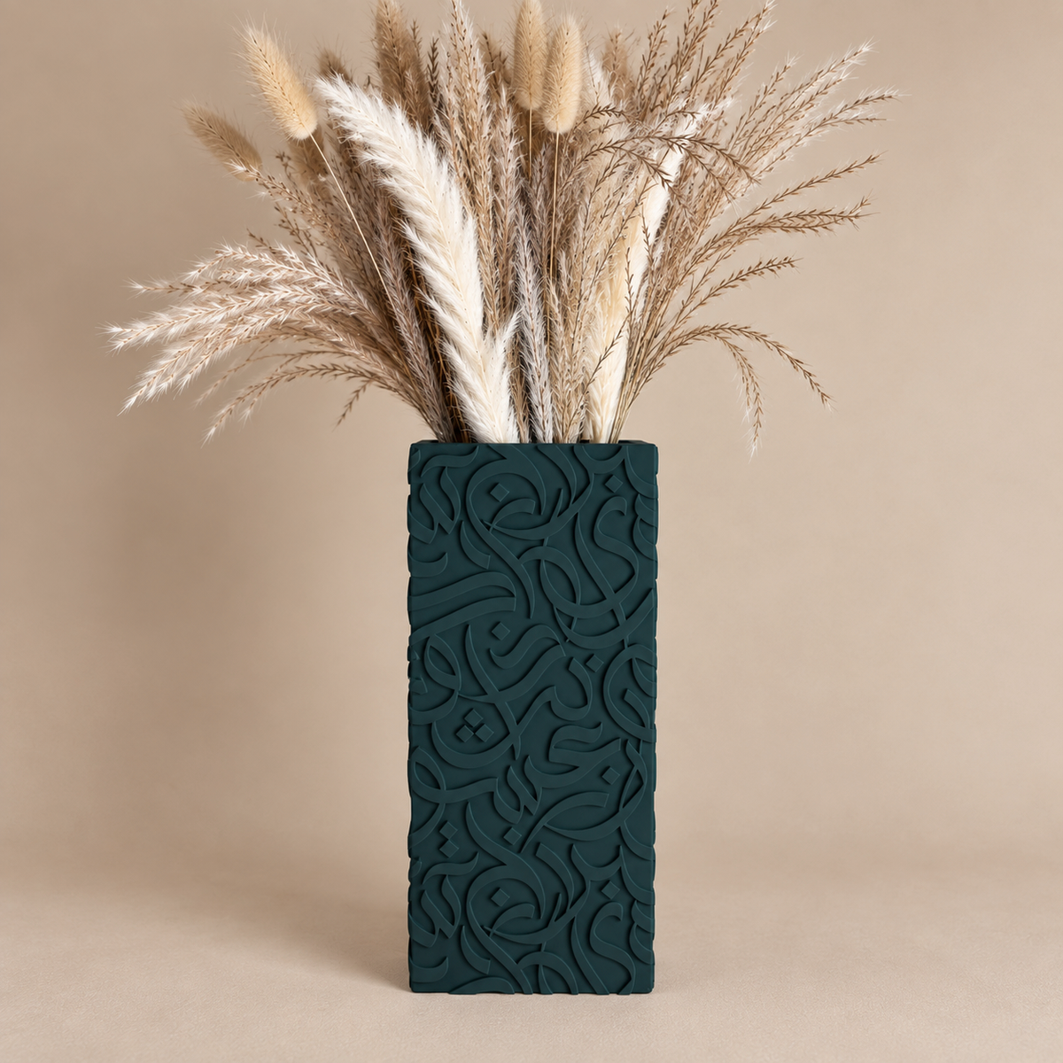 Arabic calligraphy vase in Moss matte finish, styled with dried pampas grass