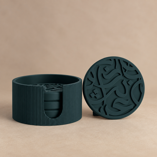 Arabic calligraphy coaster set in Moss matte finish, with holder