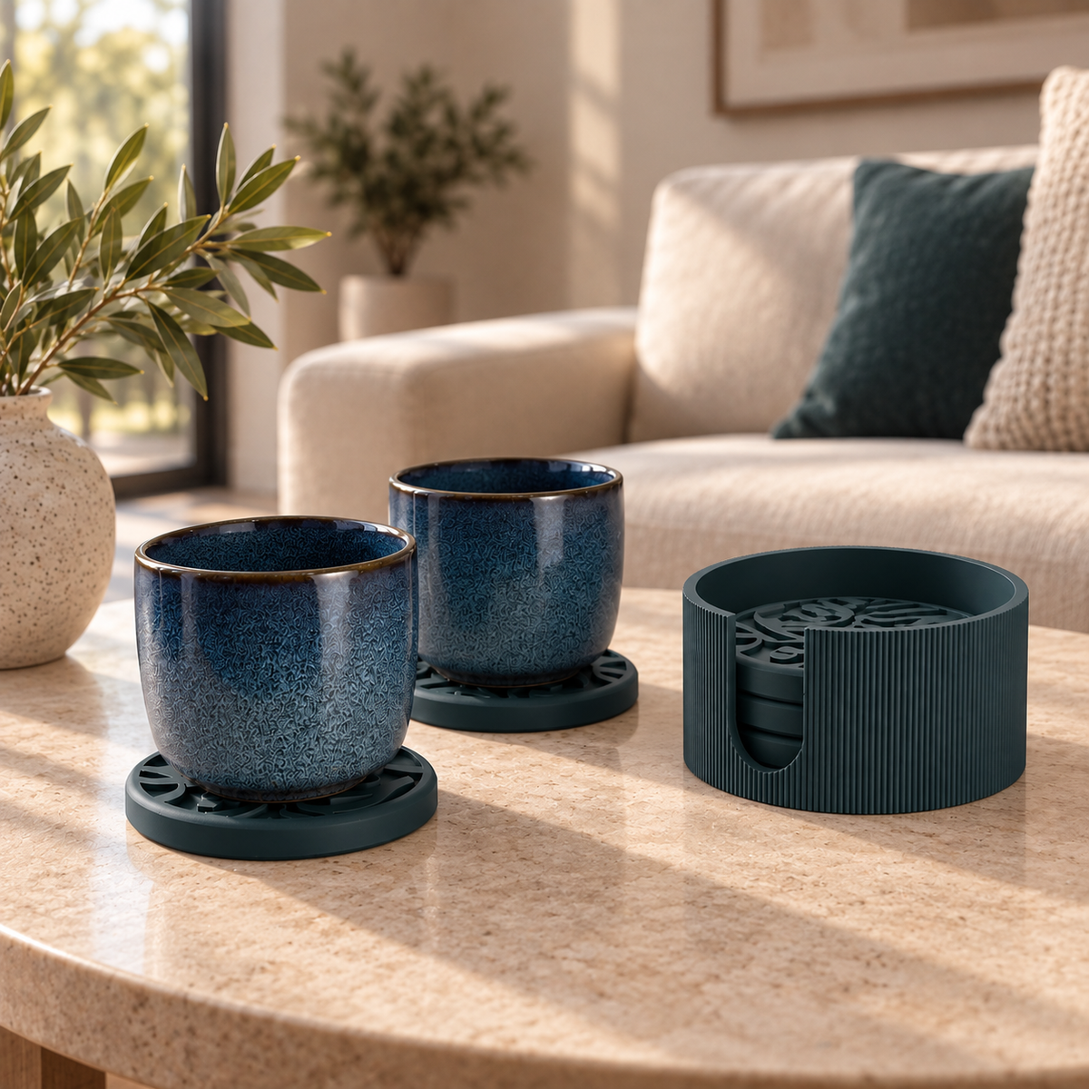 Arabic calligraphy coaster holder styled on a coffee table with mugs in use