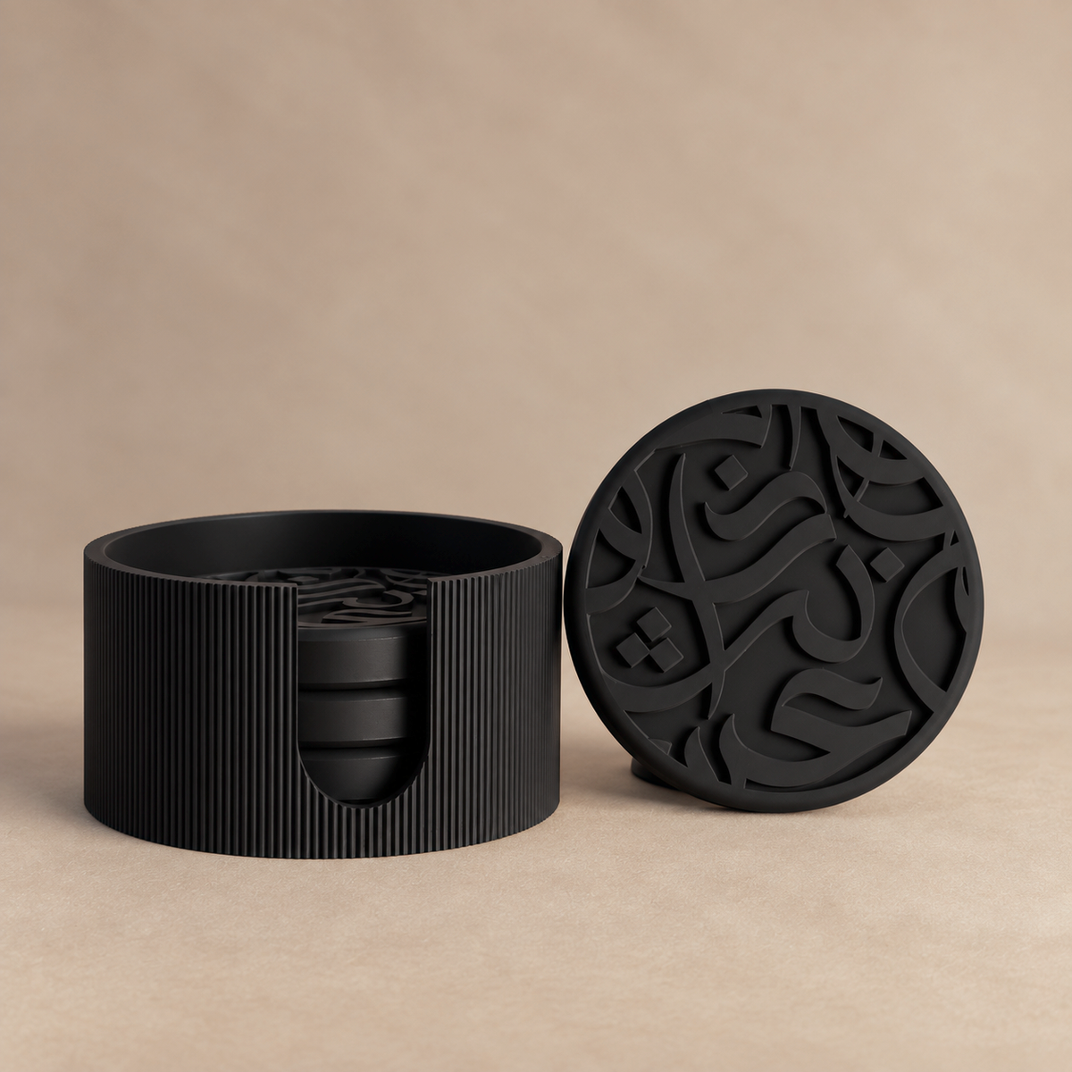 Arabic calligraphy coaster set in Obsidian matte finish, black colourway, with holder