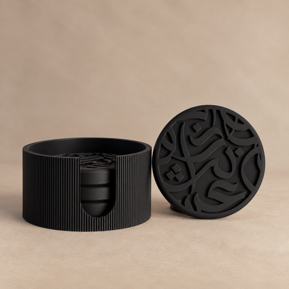 Arabic calligraphy coaster set in Obsidian matte finish, black colourway, with holder