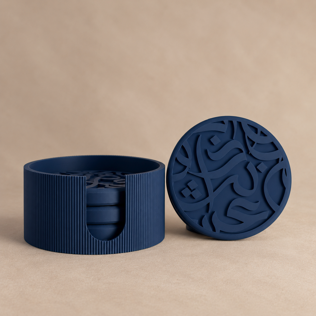 Arabic calligraphy coaster set in Midnight matte finish, with holder