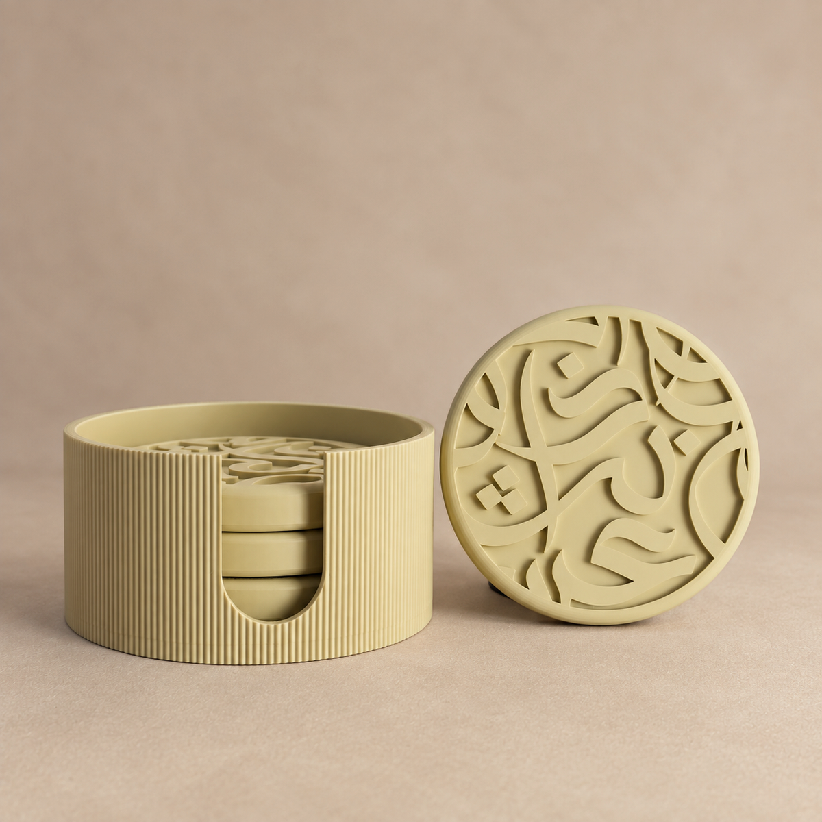 Arabic calligraphy coaster set in Bone matte finish, with holder