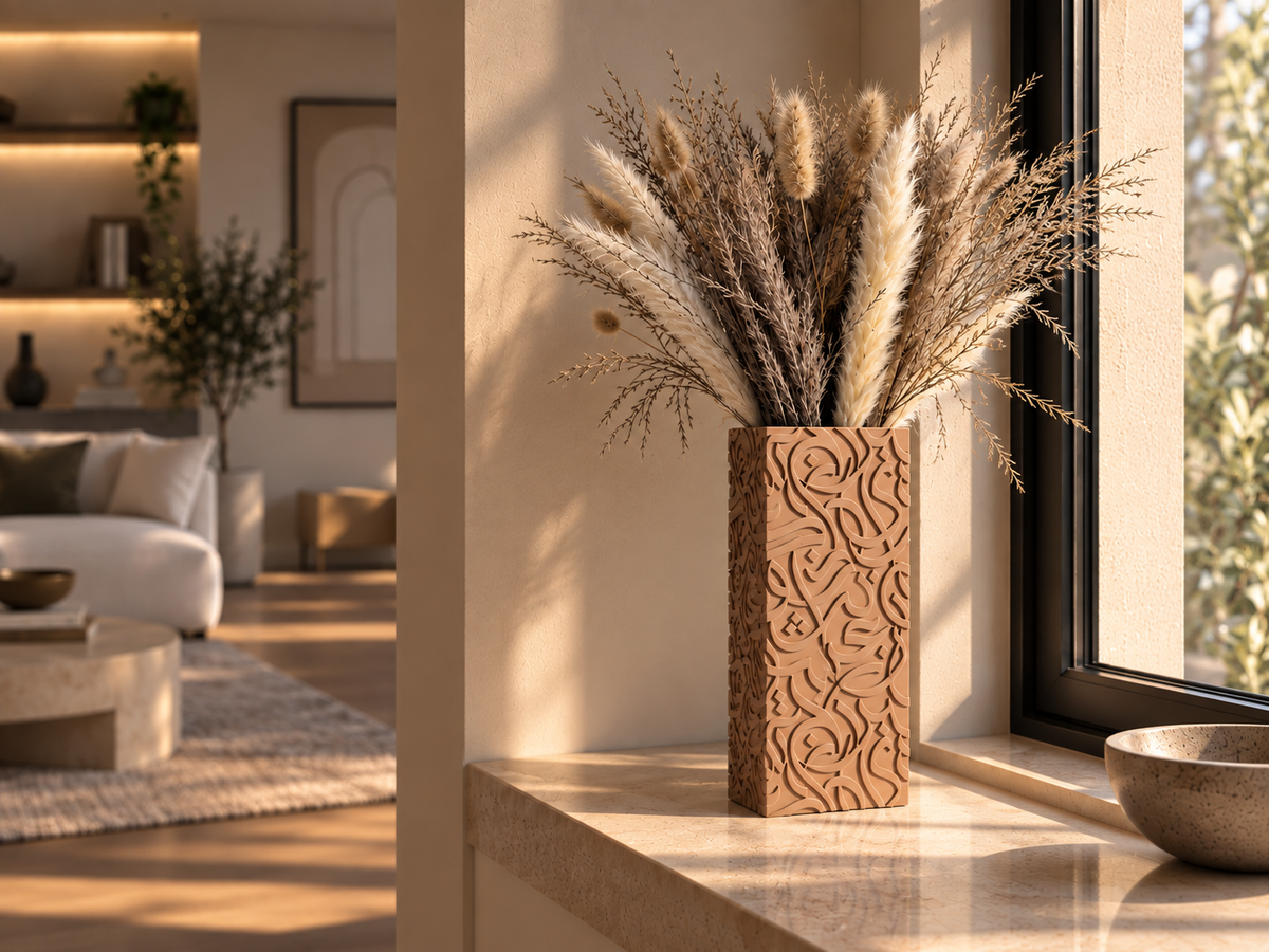 Arabic calligraphy vase in Dune finish styled with pampas grass on a windowsill