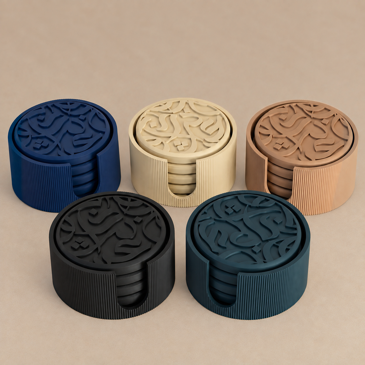 Arabic calligraphy coaster holders shown in all five matte colourways