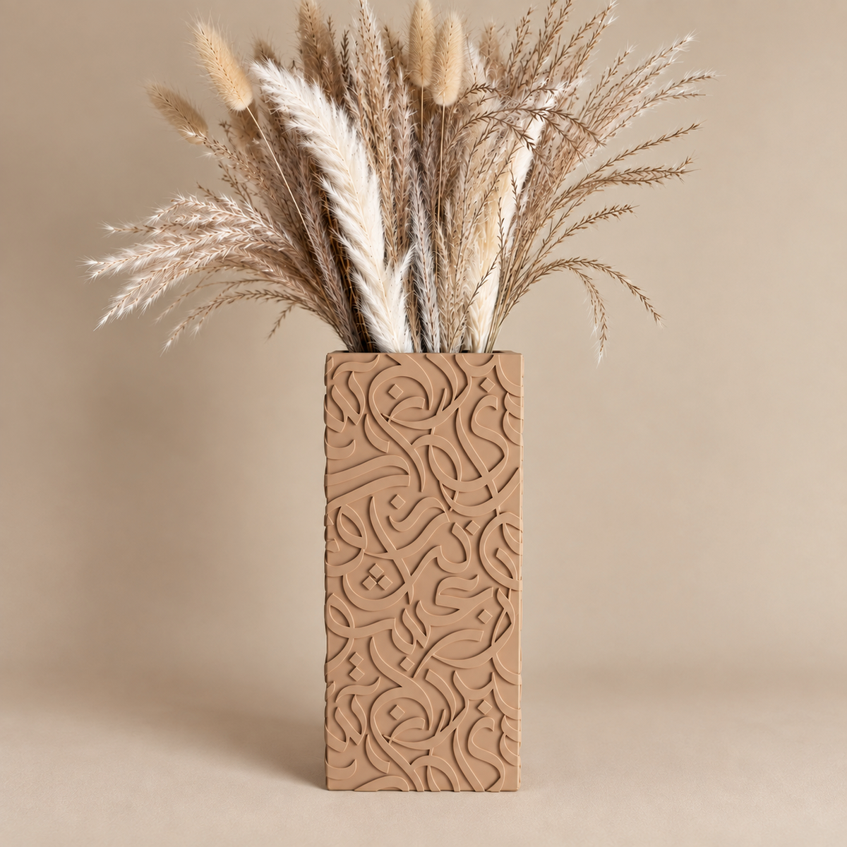 Arabic calligraphy vase in Dune matte finish, styled with dried pampas grass