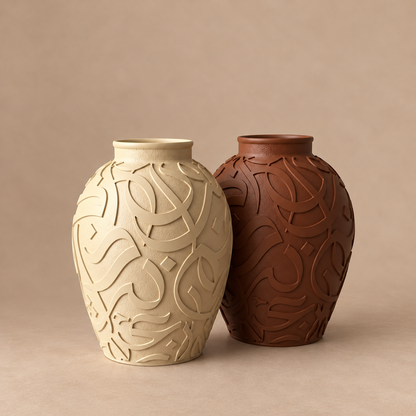 Round Arabic calligraphy vases in Bone and Umber matte finishes side by side