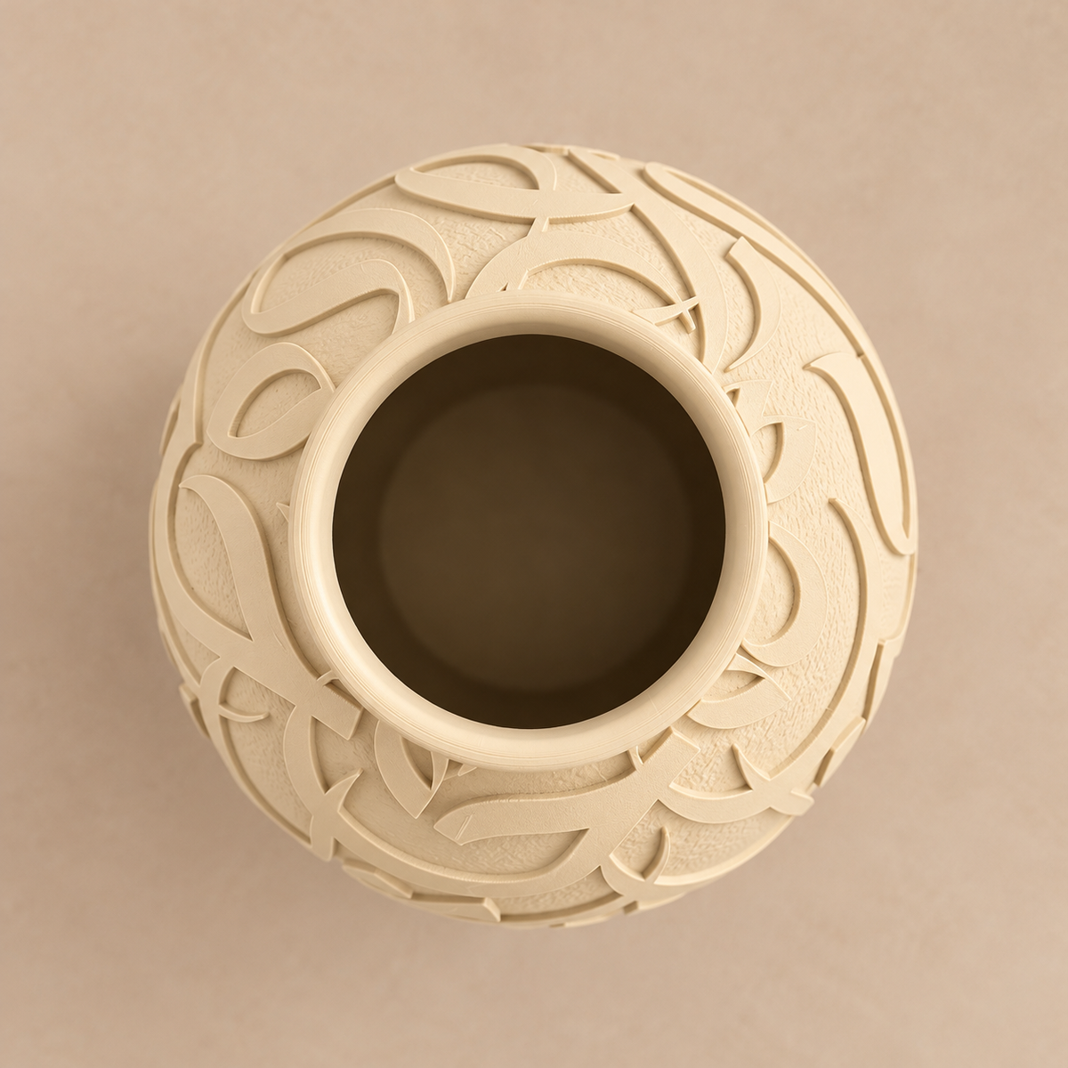 Top-down view of round Arabic calligraphy vase in Bone finish showing the round opening