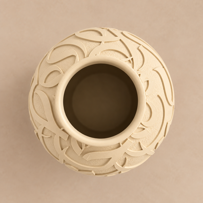 Top-down view of round Arabic calligraphy vase in Bone finish showing the round opening